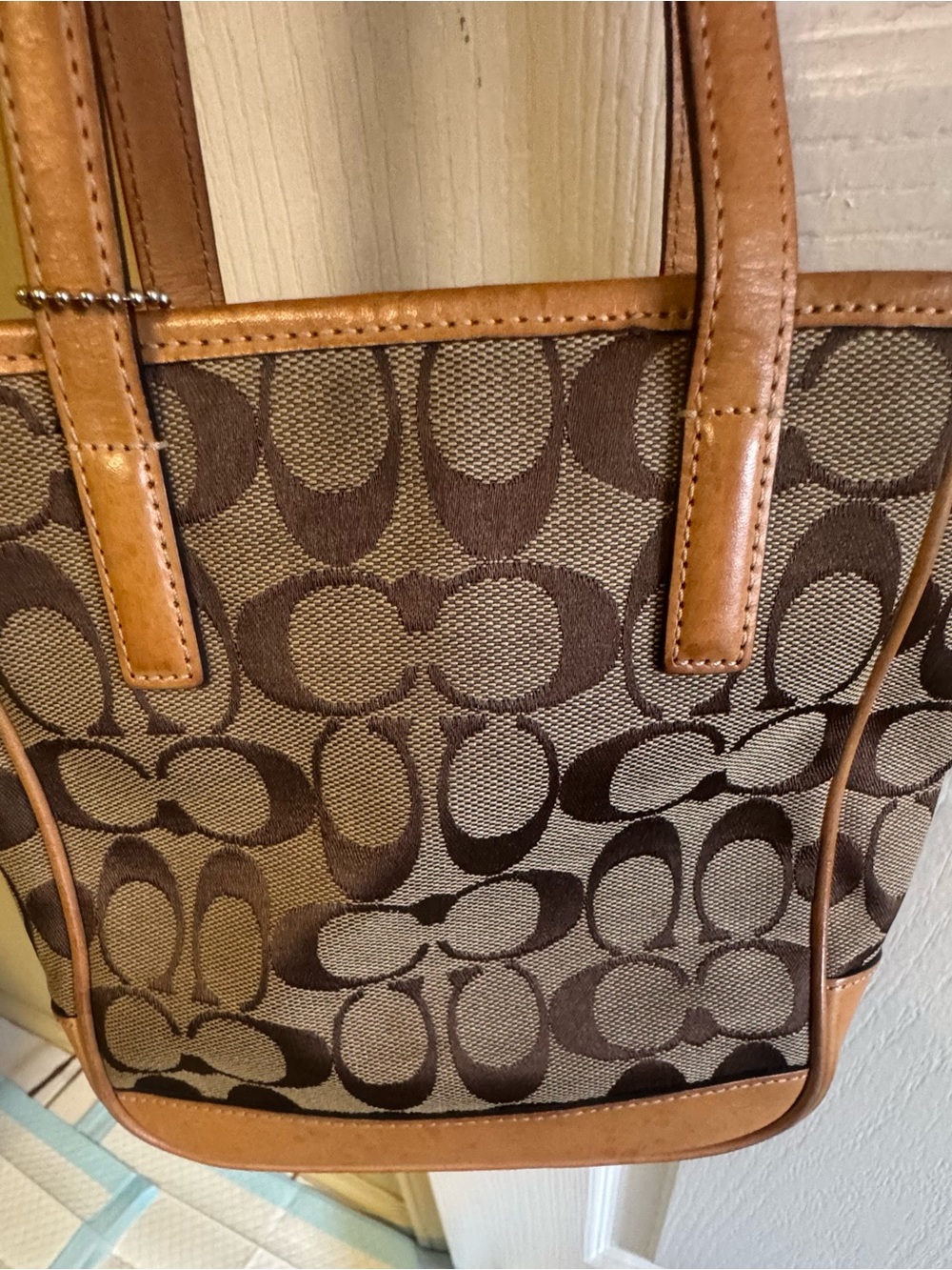 Leather-Trim Signature Pattern Tote Bag in Brown